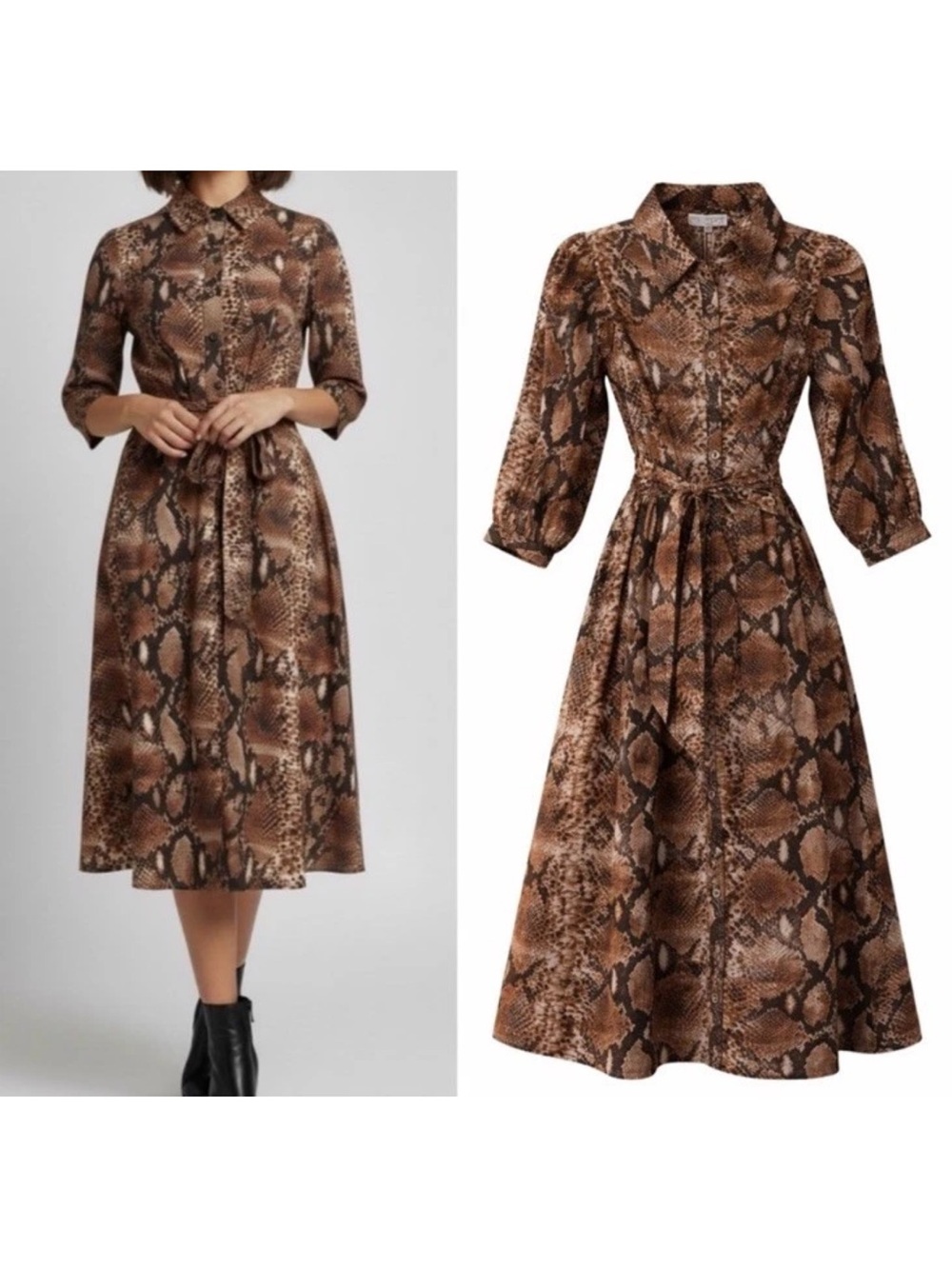 Caroline Constas Snakeskin Print Midi Shirtdress Brown Size Medium